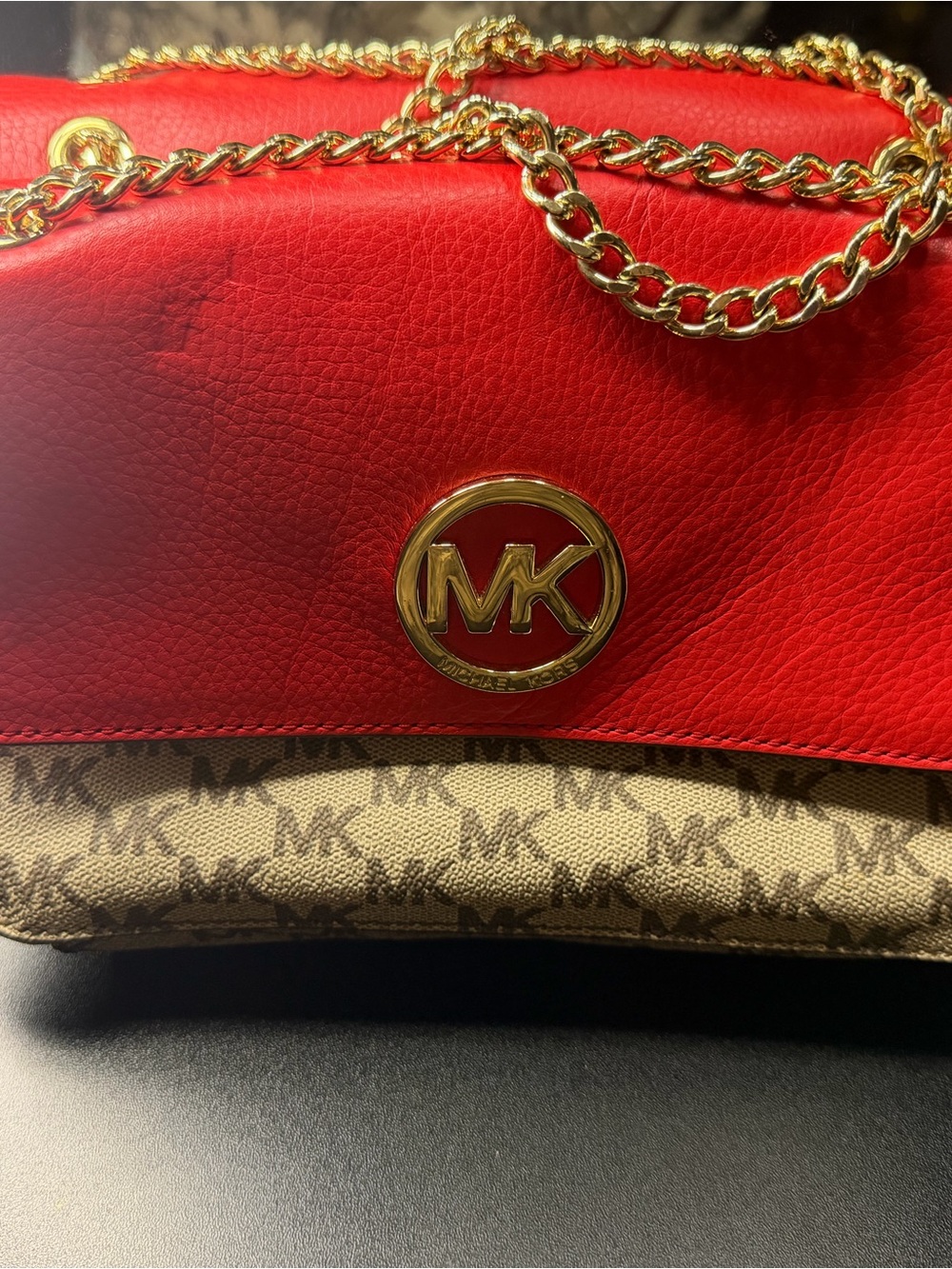 Michael Kors Red Leather & Beige Monogram Shoulder Bag with Gold Hardware